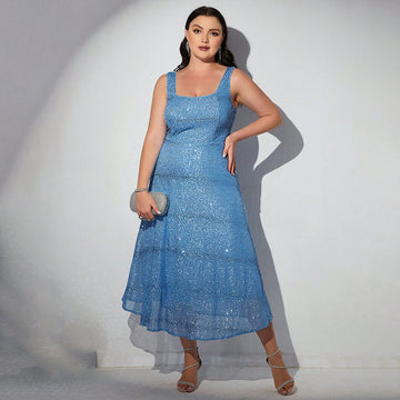 Woochic robe cocktail grande taille à col en U pailletes avec bretelles larges,soirée